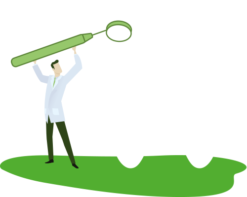 Ilustracija stomatologa koji obezbeđuje OTP Osiguranje Moja preventiva koji zubarskim ogledalom pregleda veliki beli zub
